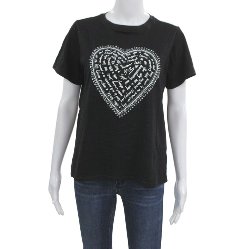 Cinq A Sept Womens Black Heart Crew Neck Jersey Tee Cotton Size S